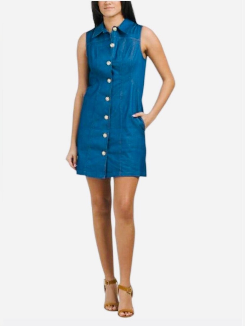 NWT BCBG Sleeveless Button-Front Denim Dress in Blue Size 8
